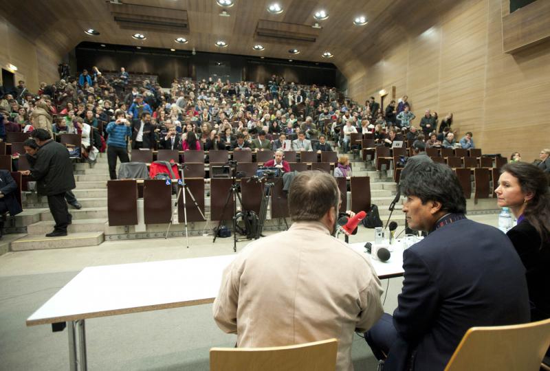 Evo Morales im Hörsaal der Universität Wien