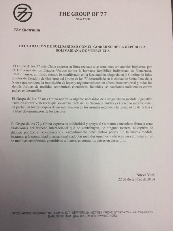 Die Gruppe der 77 und China verurteilen die Sanktionen gegen Venezuela einhellig