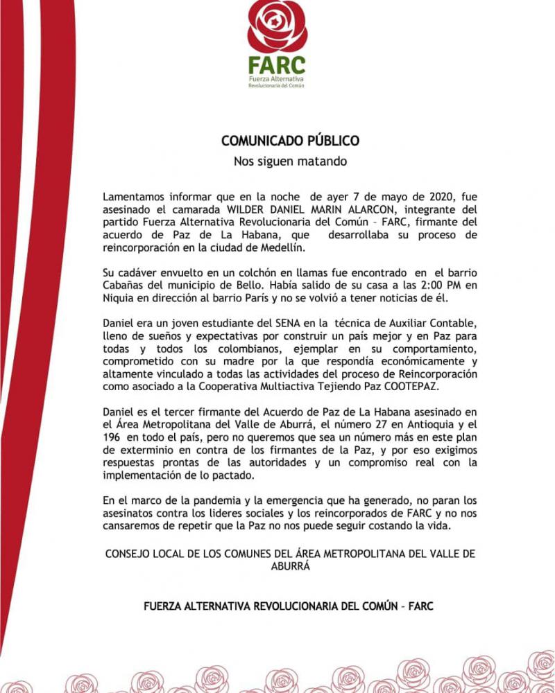 Die Farc-Partei beklagt einen weiteren Ermordeten aus ihren Reihen