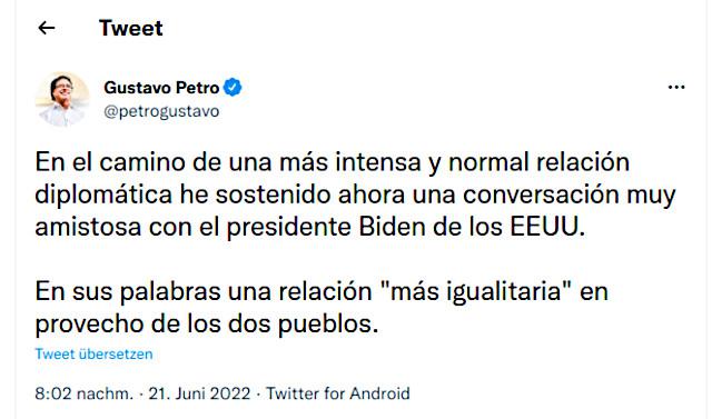 Petros Tweet zum Telefonat mit Biden