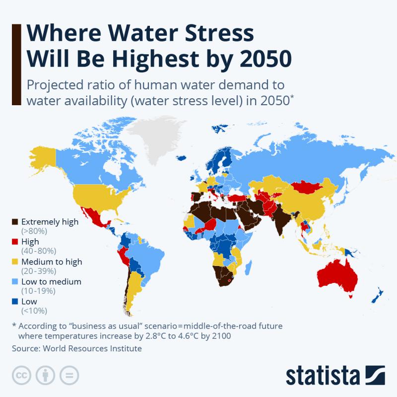Das Schaubild zeigt das weltweit prognostizierte Verhältnis zwischen Wasserentnahme und Wasserangebot (Wasserstress) im Jahr 2050.