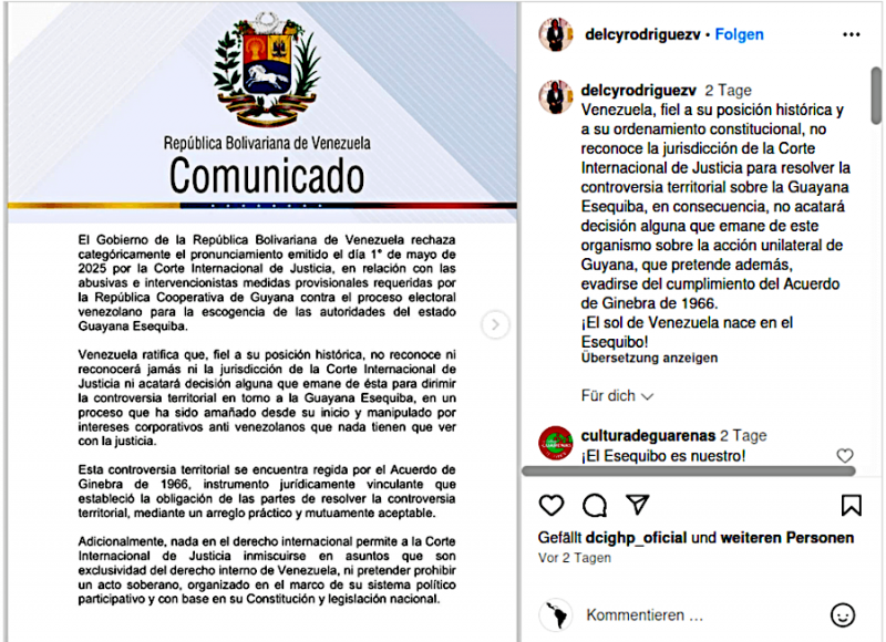 Das Außenministerium von Venezuela zur IGH-Entscheidung bezüglich des Esequibo-Streifens