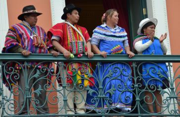 Auf dem Balkon des Parlamentsgebäudes vor der Amtseinführung von Evo Morales und Álvaro García Linera am 22. Januar 2015