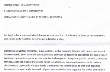 Drohbrief des Kommando "Soziale Säuberung" der Rastrojos zusammen mit dem "Antikommunistischen Kommando" der Águilas Negras