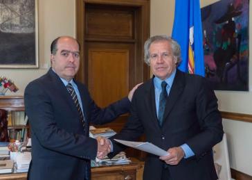 Venezuelas Parlamentspräsident Julio Borges von der oppositionellen Partei "Gerechtigkeit zuerst", übergab Almagro am 4. Mai das Ersuchen der Nationalversammlung, den OAS-Austritt zu verhindern