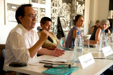 Mitglieder der Delegation aus Honduras Miguel Urbina, Francisco Sánchez und Laura Zúniga, im ECCHR in Berlin