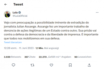 Auf seinem Twitter der Präsidentschaft ruft Lula zur Mobilisierung für die Verteidigung von Assange auf