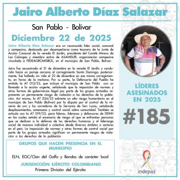Der Gemeindeaktivist Jairo Díaz wurde in Kolumbien ermordet Der Gemeindeaktivist Jairo Díaz wurde in Kolumbien ermordet
