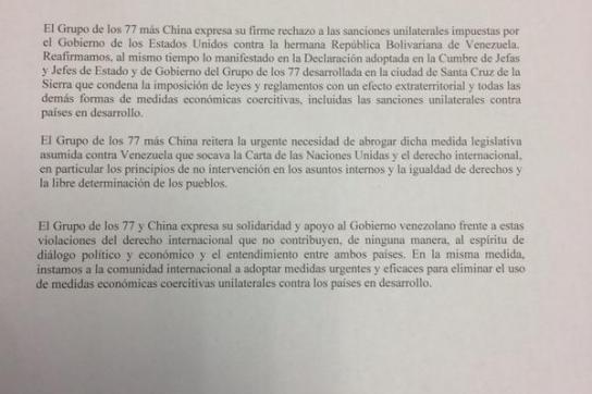 Die Gruppe der 77 und China verurteilen die Sanktionen gegen Venezuela einhellig