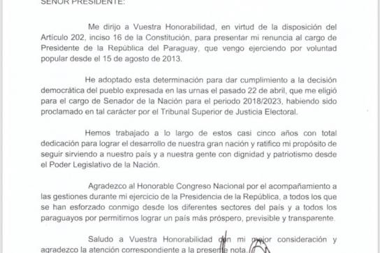 Mit diesem Schreiben hat der noch amtierende Präsident von Paraguay, Horacio Cartes, seinen Rücktritt eingereicht