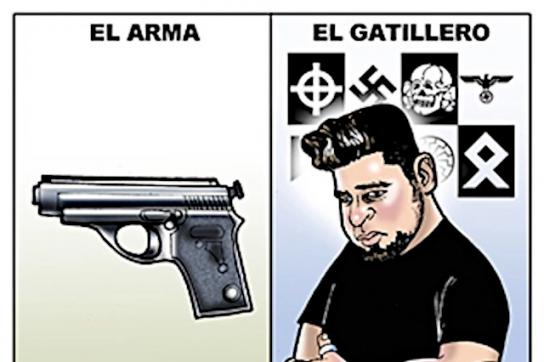 Karikatur aus Mexiko zum Attentat: "Die Waffe – Der Schütze – Die geistigen Urheber ('Diebin', 'Geliebte von Putin') – Der Ideologe"
