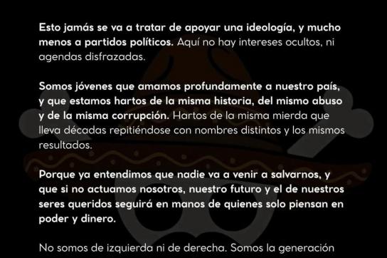 Aufruf der Generación Z in Mexiko. Hiernach will die Bewegung keine Ideologie, keine Partei unterstützen und weder links noch rechts sein